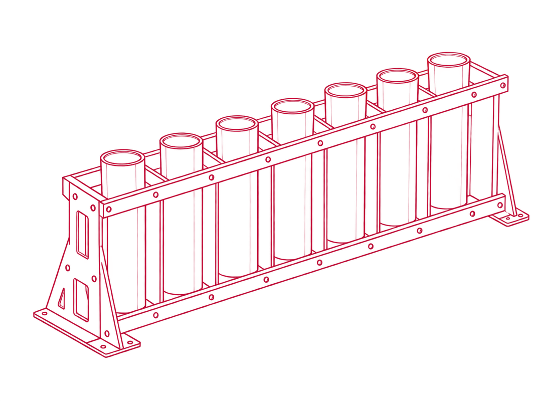 Line drawing of a fireworks rack with upright tubes.