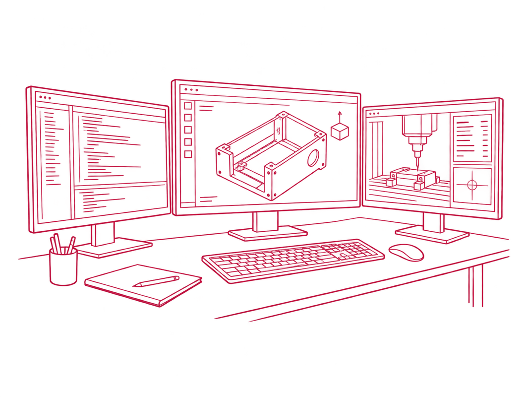 Line drawing of a workstation displaying equipment design and fabrication software.