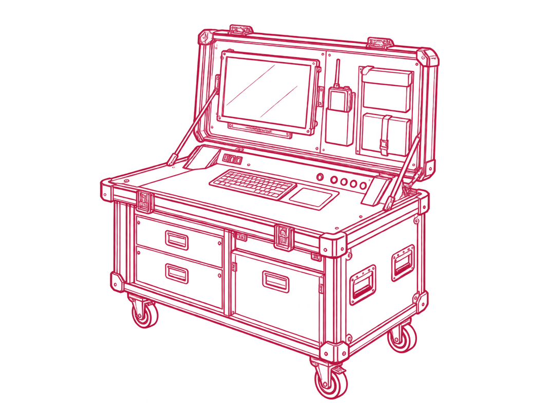 Line drawing of an open rolling command case with screens and equipment compartments.